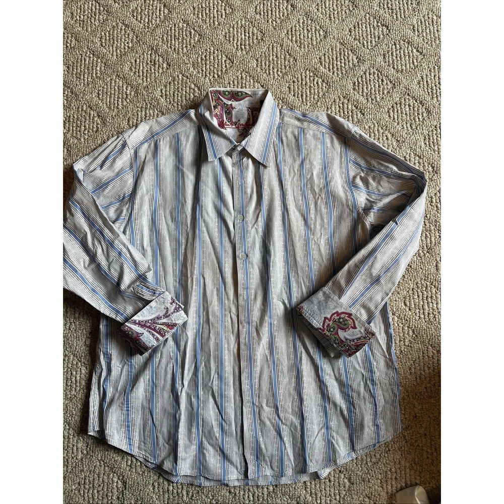 Mens Robert Graham Button Down Shirt 2XL Long Sleeve White Cuffed Blue White‎